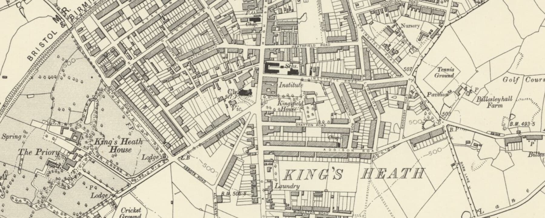 Historic Ordnance Survey map showing Kings Heath High Street in 1888