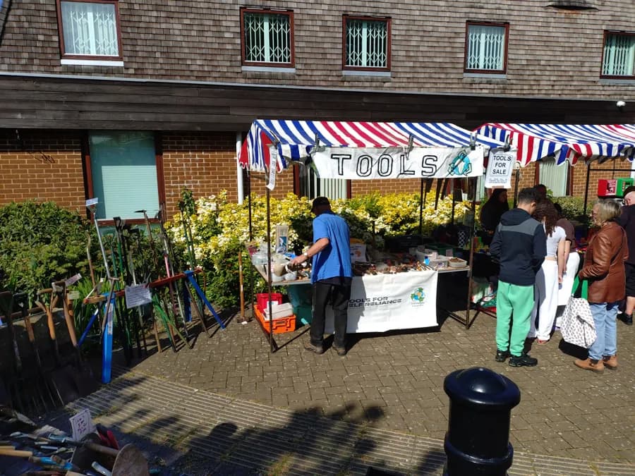Tools for Self Reliance stall with refurbished hand and garden tools